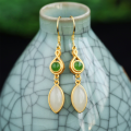 wholesale Gold-plated 925 silver with certificate Hetian jade earrings, antique design jasper marquise stone ear drops for women-0-0