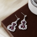 wholesale Metal with retro Chinese-style openwork floral pattern, colored diamond Ruyi gourd earrings, fashionable, unique, and high-end ear accessories-0-2