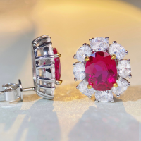 wholesale S925 Sterling Silver Ruby Earrings for Women with Full Diamond Zirconia High Carbon Diamond Luxurious Style Wholesale-Fanta color-ED017 925 silver