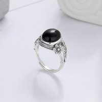 wholesale S925 Sterling Silver Leaf Flower Egg-Shaped Black Zircon Ring Vintage Literary Palace Style Elegant Index Finger Ring-1053J/approx. 4.7g Adjustable opening
