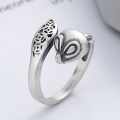 wholesale S925 Sterling Silver Vintage Antique Matte Ethnic Style Coin 3D Fox Design Adjustable Ring-0-1