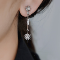 wholesale Metal: 925 Sterling Silver Zircon Octagram Star Earrings for Women, Long Minimalist Design, High-End Style-Platinum 925 silver
