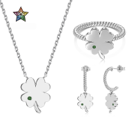 wholesale S925 Sterling Silver INS Style Four-Leaf Clover Earrings Necklace Ring Set for Women, Smooth Texture Fashionable Light Luxury-Platinum DY180032-SW-GN#8 925 Silver