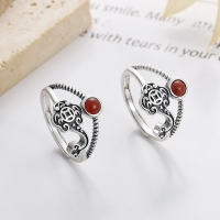wholesale S925 Sterling Silver Vintage Chinese Style Double-Layer Ruyi Auspicious Clouds Inlaid with Southern Red Agate Ring Ethnic Finger Ring for Index Finger-873FJ/polished about 3g Opening adjustable