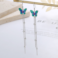 wholesale S925 Sterling Silver Vintage Ethnic Style Resin Enamel Fluttering Butterfly Tassel Long Earrings-YFR140/Vintage Approx. 2.1g 925 Silver