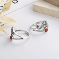 wholesale S925 Sterling Silver Double-Layer Hollow Auspicious Red Agate Inlaid Ring, Retro Ethnic Style-0-1