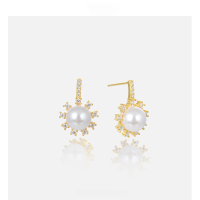 wholesale S925 Sterling Silver Pearl Earrings with Zircon and Shell Pearl, Creative Floral Ear Studs, Korean Style Fashion Elegant-003174-Gold S925 Silver