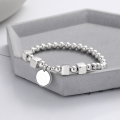 wholesale S925 Sterling Silver Square Piecework Circle Pendant Luck Bead Elastic Rope Bracelet Fashion Korean Style Women's Accessories-0-2