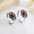 wholesale S925 Sterling Silver Retro Antique-style Filigree Openwork Luxury Inlaid Southern Red Ethnic Wind Adjustable Ring-0-0