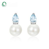 wholesale S925 Sterling Silver Japanese Korean Style Minimalist Geometric Natural Aquamarine Stud Earrings with Freshwater Pearls-Freshwater Pearls 925 Silver