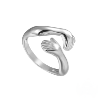 wholesale S925 Sterling Silver Minimalist Interlocking Hands Joint Ring, Open-ended Embrace Design-White gold Adjustable opening