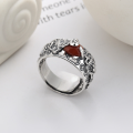 wholesale S925 Sterling Silver Retro Ethnic Coin Pattern Heart Sutra Six-Character Mantra Auspicious Elephant Inlaid with Southern Red Agate Ring-0-0