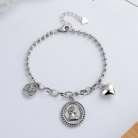 wholesale S925 Sterling Silver Beaded Chain with Vintage Prince Coin, M Letter, and Heart Charm Bracelet-YS097/approx. 8.5g 925 silver