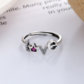 wholesale S925 Sterling Silver Korean-style Love Knot English "Love" Crown Design Pink Stone Accented Adjustable Open Ring-0-1