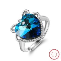 wholesale S925 sterling silver heart-shaped blue Austrian crystal adjustable diamond ring for women wholesale-Platinum, approximately 7.1g