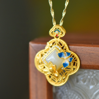 wholesale Sterling Silver with Certificate, Guochao Retro Enamel Butterfly Hetian Jade, Pure Silver New Chinese Style Hollow Pendant Necklace-Gold pendant (without chain)  925 silver