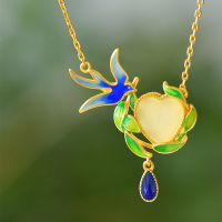 wholesale 925 silver gold-plated, certified Hetian jade pendant, vintage Chinese style, inlaid with jade and enamel swallow, Hanfu necklace-Cold Enamel Swallow Returns Hetian Jade Pendant Necklace