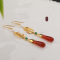 wholesale 925 Silver with Certificate New Chinese Style Ancient Wind Earrings, National Trend Window Flower Lotus Inlaid with Red Agate and Chalcedony Earrings-0-2
