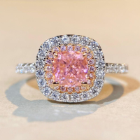 wholesale S925 Sterling Silver Ring for Women, TikTok Viral Pink Diamond Ring, Luxurious Full Square Setting with Pink High Carbon Diamonds and Ice Flower Design-Yellow Diamond-CBJZ372 7