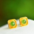 wholesale Gold-plated 925 silver vintage-style certified Hetian jade earrings minimalist square-set semi-circular jade earrings for women-0-0