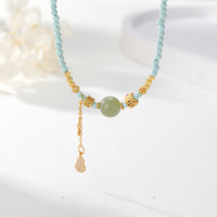 wholesale Vintage Natural Pearl Turquoise Hetian Jade Gourd Necklace for Women, Spring Summer Collarbone Chain, Light Luxury National Trend Style Necklace-Turquoise and Hetian Jade Gourd Necklace/8.11 TL013190