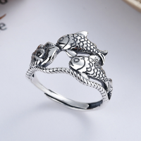 wholesale S925 Sterling Silver Retro Vintage Ethnic Ancient Style Koi Fish Lotus Hollow-Out Adjustable Open Ring for Women-YFJ290/approx. 3.2g Adjustable opening