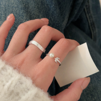 wholesale S925 Sterling Silver Swarovski Pearl Ring for Women, Light Luxury French Style Index Finger Ring, Minimalist Adjustable Open Band-Texture style (opening adjustable)