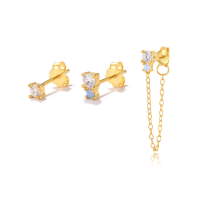 wholesale S925 Sterling Silver Asymmetrical Chain Tassel Zircon Earrings Set-Gold - 3 pieces set with white diamonds