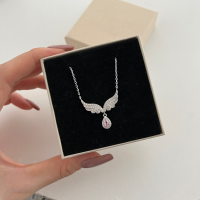 wholesale S925 Sterling Silver New European and American Women's Necklace with Wing Design, Fully Set with Cubic Zirconia, Teardrop Pink Diamond Pendant-Platinum DY190705-SW-BF 925 Silver