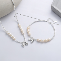 wholesale S925 Sterling Silver Korean-style Elegant Pearl with 3D Bow Accent and Tiny Silver Beads Fairy Necklace Bracelet Set-YL513D/Necklace about 10 grams>925 silver