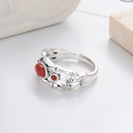 wholesale S925 Sterling Silver Multi-layer Bamboo Joint and Leaf Inlaid with Southern Red Agate Ring, Artistic Vintage Ethnic Style-0-2