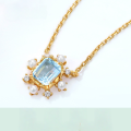 wholesale S925 silver gold-plated Japanese light luxury vintage natural sky blue topaz snowflake abstract floral necklace for women-0-0