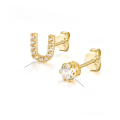 wholesale Metal: 925 Sterling Silver Alibaba International Station Exclusive 26 Letters Shiny Zircon Ear Studs Light Luxury Micro-Inlaid Personality Ear Pin-0-14