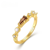 wholesale S925 Sterling Silver Gold-Plated Japanese-style Aged Exquisite Versatile Niche Tea Crystal Ring, Luxury Vintage Wholesale Customization-Smoky Quartz Adjustable opening