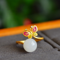 wholesale 925 Sterling Silver Vintage Chinese Style Cold Enamel Butterfly Gilded Adjustable Ring with Certificate for Women-0-0