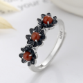 wholesale S925 Sterling Silver Vintage Weathered South Red Agate Flower Design Ring, Bohemian Ethnic Style Adjustable Index Finger Ring for Women-0-0