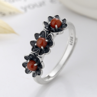 wholesale S925 Sterling Silver Vintage Weathered South Red Agate Flower Design Ring, Bohemian Ethnic Style Adjustable Index Finger Ring for Women-828JM/approx. 2.8g Adjustable opening