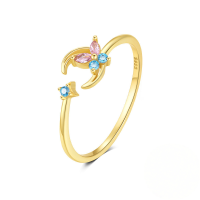 wholesale S925 Sterling Silver Bow Moon Colored Zircon Open Ring,-Gold#3 Opening adjustable