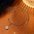 wholesale S925 Sterling Silver Chinese Style "Fu" Character Anklet with Diamond Accents, Elegant Vintage Minimalist Shiny Diamond Ankle Jewelry with Tassels-0-2