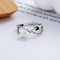 wholesale S925 Sterling Silver Retro Vintage Style Twist Cross Pearl Accented Black Zircon Open Adjustable Ring for Women-0-1