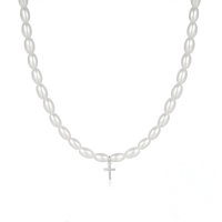wholesale 925 Sterling Silver New Mini Rice Pearl Choker With Zircon Cross Pendant-Platinum #2 925 Silver
