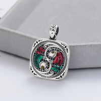 wholesale Silver Metal Material, Yunchaoxuan S990 Retro Antique Style Tai Chi Bagua Koi Fish Colorful Epoxy Hollow Square Pendant Accessory-YP182M/approx. 8g 99g silver