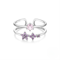 wholesale S925 Sterling Silver Japanese-style High-end Zircon-inlaid Ring With Korean-inspired Design Featuring Zircon Heart Petal Open Adjustable Index Finger-Style 10 Adjustable opening