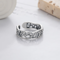 wholesale S925 Sterling Silver Vintage Matte Craft Chinese Style Vine Leaf Branch Openwork Artistic Adjustable Ring-0-2