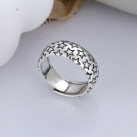 wholesale S925 Sterling Silver Vintage Distressed Star Wide Band Trendy Unisex Minimalist Adjustable Open Ring-YJ608/approx. 4.3g>Adjustable opening