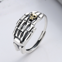 wholesale S925 Sterling Silver Exaggerated Knuckle Skeleton Head 3D Pattern Hip-Hop Open Ring-YJ715M/approx. 5g>Adjustable opening