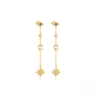 wholesale S925 Sterling Silver European Fashion Star Moon Chain Long Drop Fringe Earrings With Inlaid Zircons And Evil Eye-Gold#5 925 silver