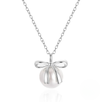 wholesale S925 Sterling Silver Bow And Pearl Women's Choker Necklace, Japanese And Korean Style, Minimalist Design-Platinum 925 silver