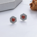 wholesale S925 Sterling Silver Vintage Creative Red Agate Flower-shaped Earrings Ethnic Style Unique Earrings for Women-0-1