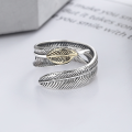 wholesale S925 Sterling Silver Retro Vintage Classic Feather Three-Dimensional Design Leaf Symbol Open Adjustable Ring-0-1
